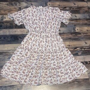 Floral Tiered Midi Dress in White with Mauve Print